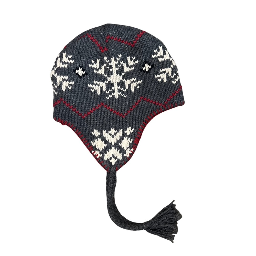 Eddie Bauer Wool Blend Snowflake Trapper Hat Grey Red Nordic Beanie One Size